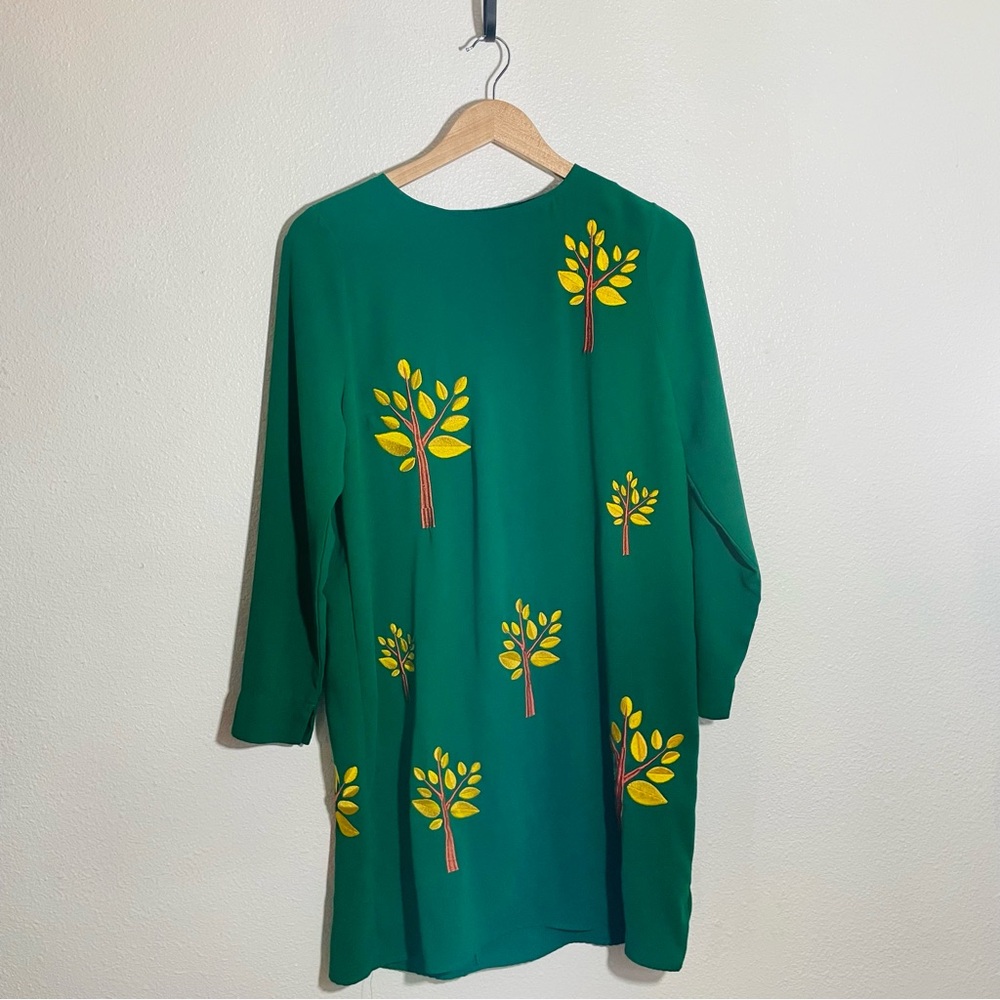 Pepaloves Green Dress Yellow Embroidered Tree Pattern Size Small